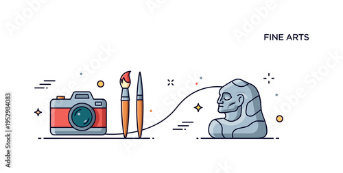 Fine arts achievement concept showing a camera, brush and easel, and stylized stone figure connected by a subtle curved line, symbolizing continuous artistic