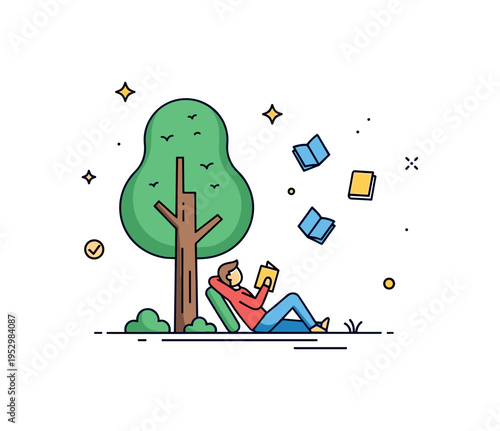 Peaceful reading break in the park showing a simple tree with a relaxed figure leaning back and small floating page accents, conveying imagination and mental
