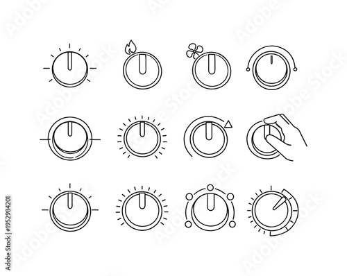 Oven Knob. Minimalistic set one-line drawing classic oven control knob front view, temperature dial with pointer, gas stove knob, electric oven selector dial,
