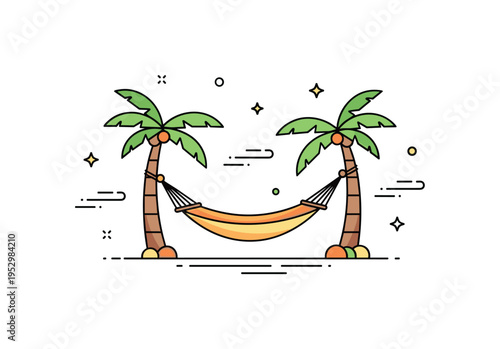 Tropical paradise beach hammock relaxation featuring a gently curved hammock tied between two minimal palm trees with subtle breeze lines. The scene expresses