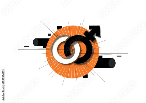 monochrome gender symbols merged into single harmonious icon, orange circular burst behind and black geometric fragments subtly dispersing along edges,