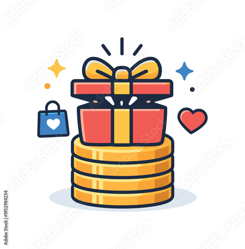 Loyalty points system visualized as a gift box emerging from a coin stack with subtle sparkles, communicating redemption, surprise rewards, and customer