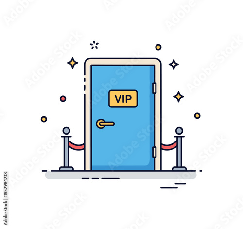Exclusive club access door silhouette with a small VIP badge and subtle rope barrier detail, conveying prestige and restricted entry. Minimalist flat vector