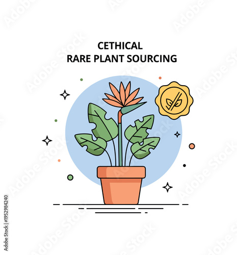 Ethical rare plant sourcing concept featuring a potted exotic plant with a small certification badge icon, symbolizing sustainability, legality, and
