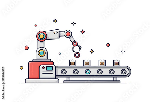 Automated assembly line module centered on a compact robotic arm attached to a conveyor segment with small packaged items. The composition highlights