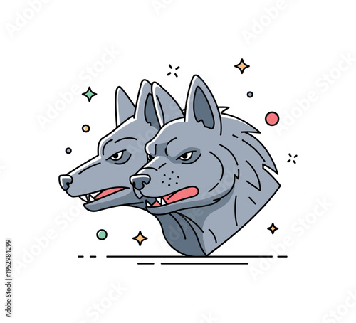 Cerberus legendary creature profile illustration showing the three heads facing slightly different directions to suggest vigilance. The composition expresses