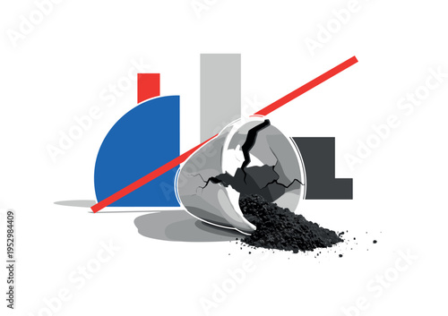 Black and white cracked ceramic flower pot on the ground with soil spilling outward, large cobalt blue semicircle anchoring the base like a shadow plane,