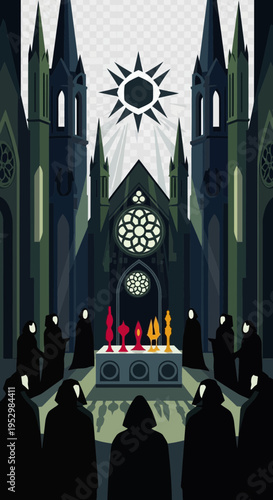 Dark gothic cathedral interior with robed figures and altar.
