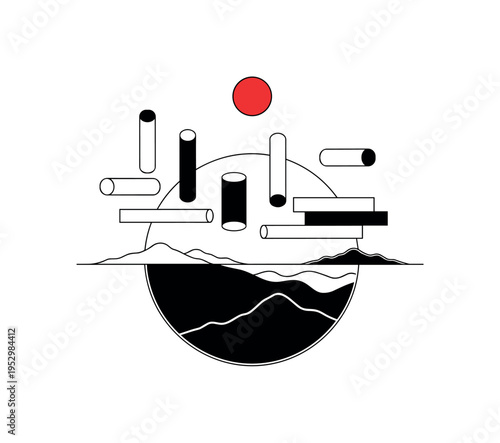 Black and white landscape split by a perfect circular arc representing hemispheric divide, abstract cylinders and rectangular blocks floating above, red accent