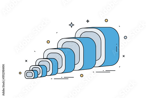 Dynamic volumes product packaging design theme illustrated by a series of rounded boxes in varying sizes aligned in perspective. The scene reflects dimensional