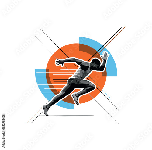 black and white realistic athlete mid-sprint captured in dynamic motion, bold orange circular frame behind the body symbolizing energy output, sharp geometric