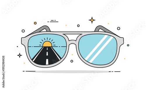 Wearing sunglasses road trip mood featuring a pair of reflective lenses showing a simple road line and sun inside the glass. The scene conveys adventure,