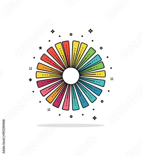 Abstract radial burst layered geometric wedges expanding evenly from a center circle with tiny dotted accents, representing focus, amplification and visual