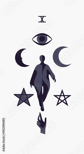 Tarot card with a figure, moons, stars, and an eye.
