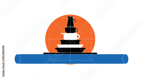 Black and white stacked boxes of household items simplified into minimal graphic forms, bright orange circular accent behind stack, blue cylindrical shapes