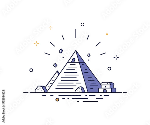 Forgotten civilization concept featuring a simple pyramid silhouette with subtle sun rays and tiny stone fragment accents, symbolizing endurance and mystery of
