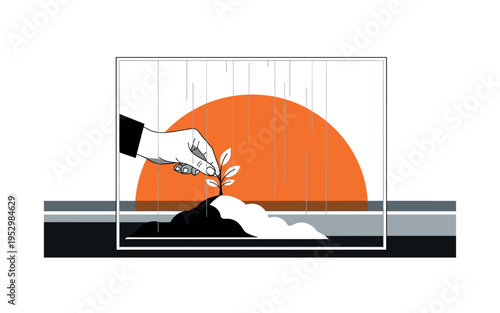 Black and white hand planting small sapling into simplified earth mound, large orange semicircle rising behind like ecological sunrise, thin blue vertical