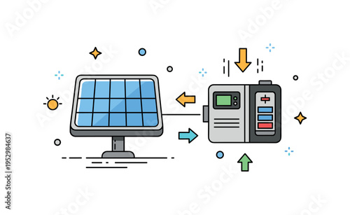 Solar inverter and battery storage scene centered on a panel linked to a compact storage unit with energy flow arrows, symbolizing reliability, backup power,