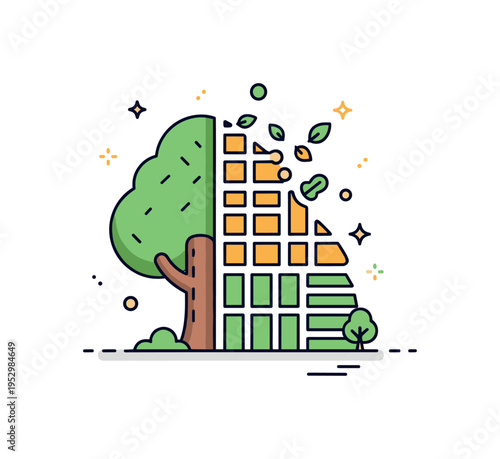 Environmental impact of colonization illustrated through a tree icon partially transformed into farmland grid lines, expressing land use change and ecological