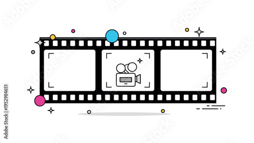 Black and white film concept stylized film strip with high contrast frame icons and subtle sparkle accents, conveying classic monochrome aesthetics and