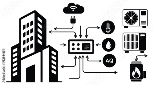 Smart, building control system network, vector illustration, intelligent heating and cooling management, energy-efficient building design, automation, climate control, temperature regulation