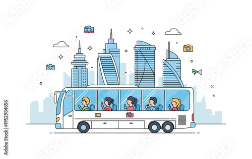 City tour bus sightseeing with a small group of tourists looking through wide windows at modern architectural landmarks, expressing curiosity, discovery, and