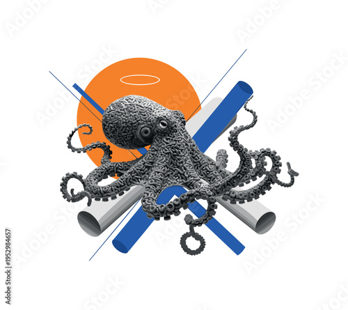 Black and white octopus sculpture crafted from twisted plastic materials, bright orange circular halo behind the head and blue diagonal accents highlighting