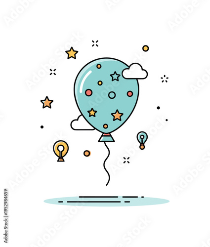 Children storybook balloon theme illustrated through a playful patterned balloon with tiny star and cloud accents, expressing imagination, curiosity, and