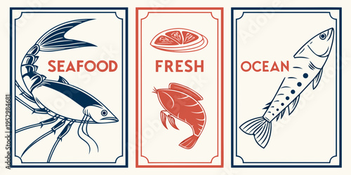 Vintage seafood labels set with fish and shrimp illustrations, vector