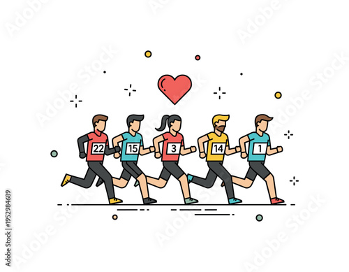 Charity marathon fundraising event featuring a small group of runners moving together with numbered bibs and a heart symbol above, symbolizing unity and shared