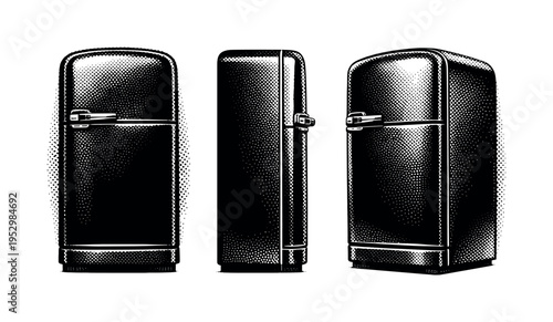 Refrigerator 1960s style ? rounded-top household refrigerator with chrome handle and softly curved edges, shown in front view, side profile, and three-quarter