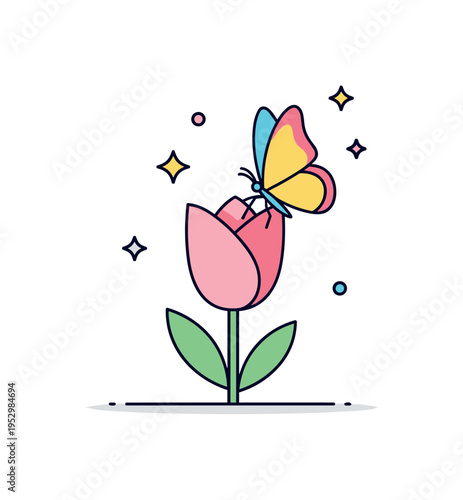 Garden tranquility single butterfly perched on a soft pastel tulip with small floating sparkles, symbolizing harmony, growth and peaceful outdoor atmosphere.