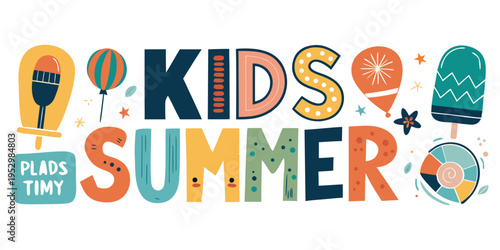 Colorful Kids Summer hand drawn lettering illustration, vector