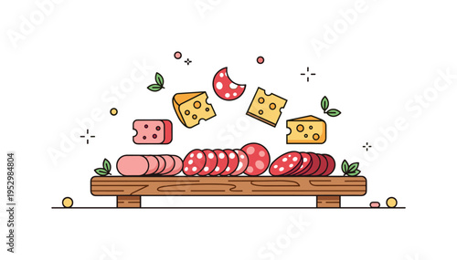Charcuterie board presentation featuring sliced meats, cheese wedges, and small herb accents balanced around a wooden base, expressing craftsmanship, taste,