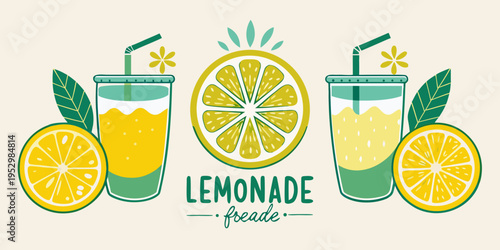 Fresh citrus lemonade in glasses with straws and leaves, vector
