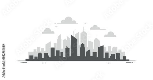 Monochrome urban landscape simple skyline silhouette in layered gray tones with faint cloud shapes above, conveying quiet atmosphere and subdued visual mood.