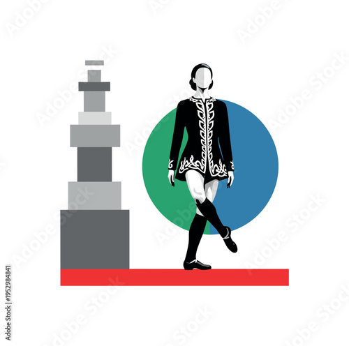 Black and white Irish step dancer with rigid upper body and precise leg movement, bold greenish-blue circular accent behind the legs, red horizontal bar