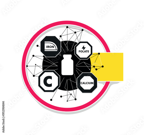 Black and white abstract nutrient icons (iron, folate, calcium) represented as geometric symbols around central bottle, strong pink circular frame element,