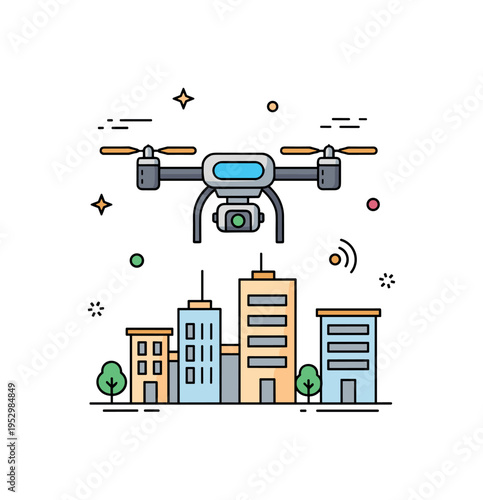 Drone surveillance over city illustrated by a compact quadcopter hovering above simplified buildings, expressing aerial monitoring, innovation, and expanded