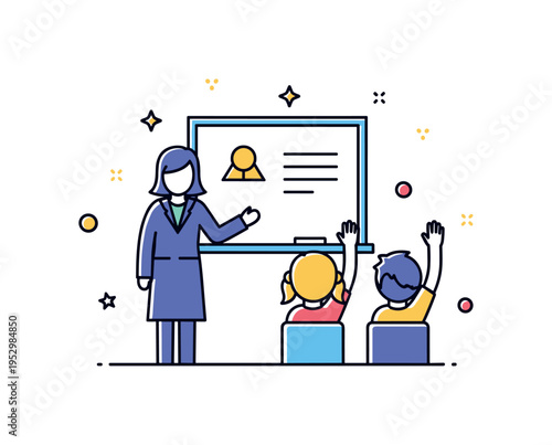 Schoolchildren classroom learning moment featuring a teacher silhouette near a simple board and two attentive students raising hands, symbolizing engagement