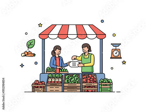Farmer market vendor arranging fresh vegetables under a simple striped canopy, expressing sustainable local commerce and direct customer connection. A small