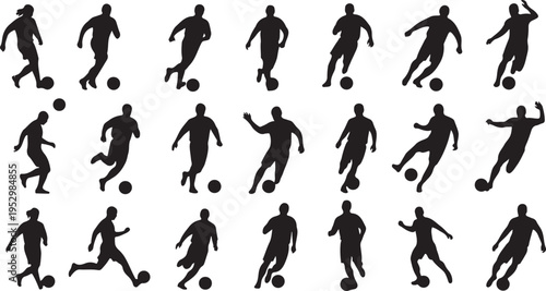 Soccer player silhouette collection in various kicking and running poses