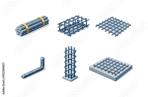 Reinforcement. Isometric flat vector icons set of reinforcement: rebar bundle, reinforcement cage, mesh reinforcement sheet, bent rebar element, column rebar
