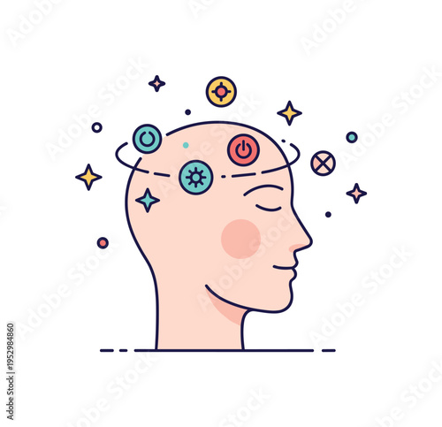 Consciousness expansion profile of a calm face with small floating symbols and subtle glow around the head, symbolizing awakening mind and broadened