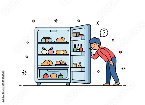 Hungry moment concept centered on a person leaning slightly toward an open refrigerator shelf with simple food icons arranged inside, expressing indecision and