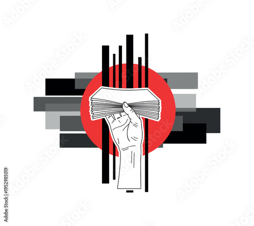 Black and white hand extended upward holding legal papers, bold red circle intersected by black vertical lines behind it, abstract rectangular blocks