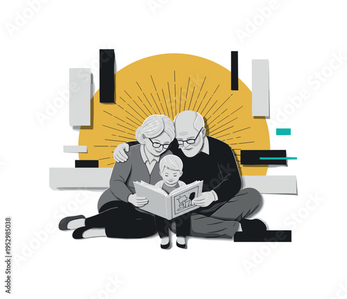 monochrome grandparents reading storybook to child, layered paper collage effect, large mustard yellow semicircle behind seated group, subtle radiating line