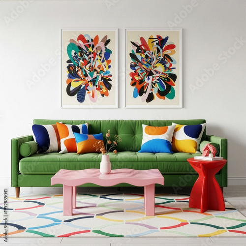 Colorful Modern Living Room Interior with Green Sofa