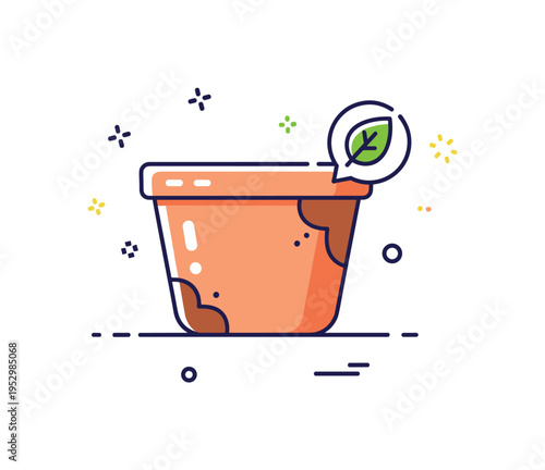 Recycled gardening container featuring a slightly worn clay pot with subtle texture details and a small leaf icon accent suggesting eco friendly habits. The
