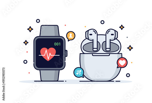 Wearable technology routine smartwatch displaying heart rate next to wireless earbuds and subtle notification symbols, expressing health tracking and constant